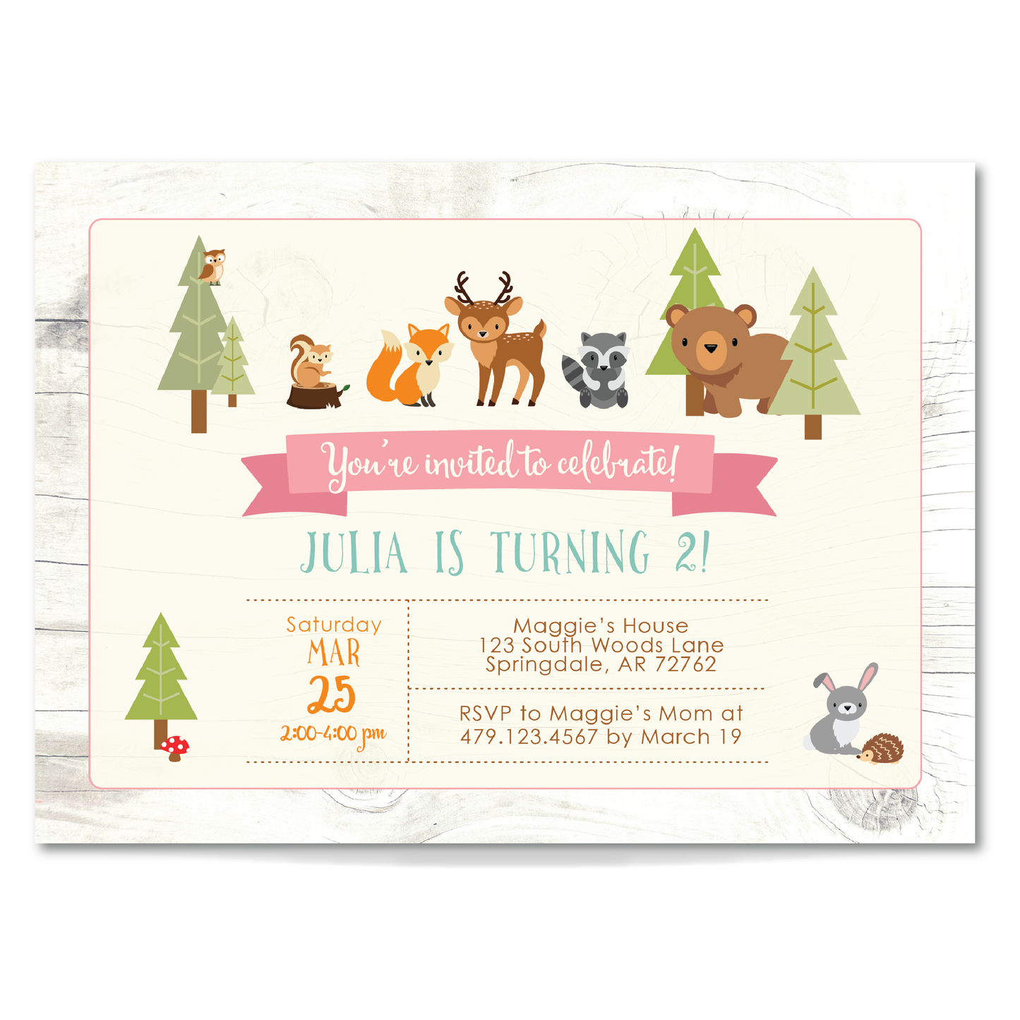 Woodland Birthday Invitation for Little Kids & Newborns - Woodland Animals Party Invite - Pink