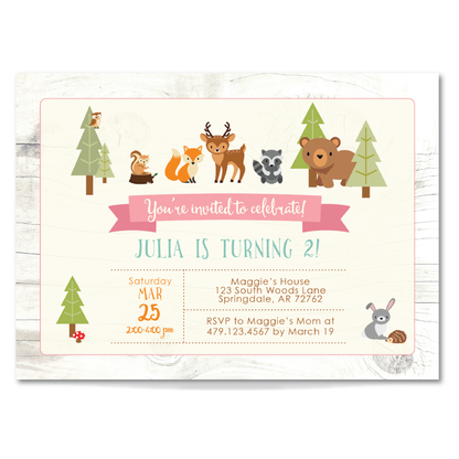 Woodland Birthday Invitation for Little Kids & Newborns - Woodland Animals Party Invite - Pink